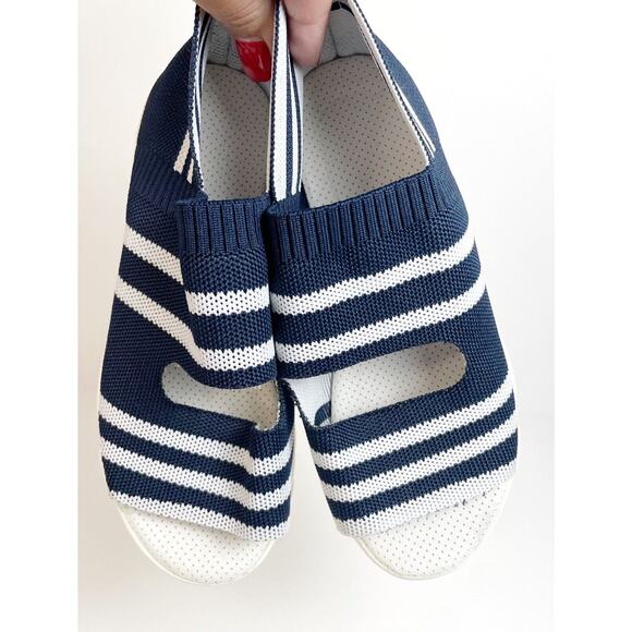 Fish Mouth Knitted Sandals Light Stretch Womens 6.5 Blue White Stripe Slip On - Picture 7 of 8
